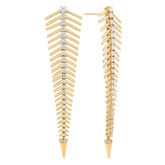 Diamond Column Feather Dangle Earrings in Yellow Gold