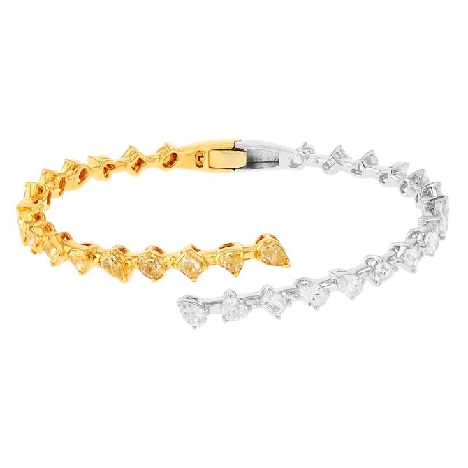 Multi-Shaped Yellow & White Diamond Bypass Bangle Bracelet in Two Tone