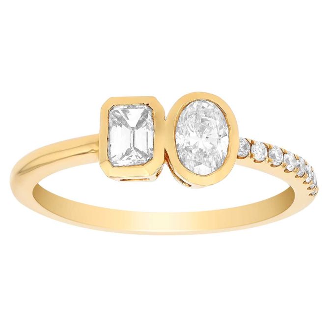 Oval & Emerald Cut Bezel Set Diamond Ring with Half Diamond Band in Yellow Gold