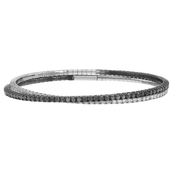 Black & White Diamond Two Row Wrap Bracelet in White Gold & Black Rhodium