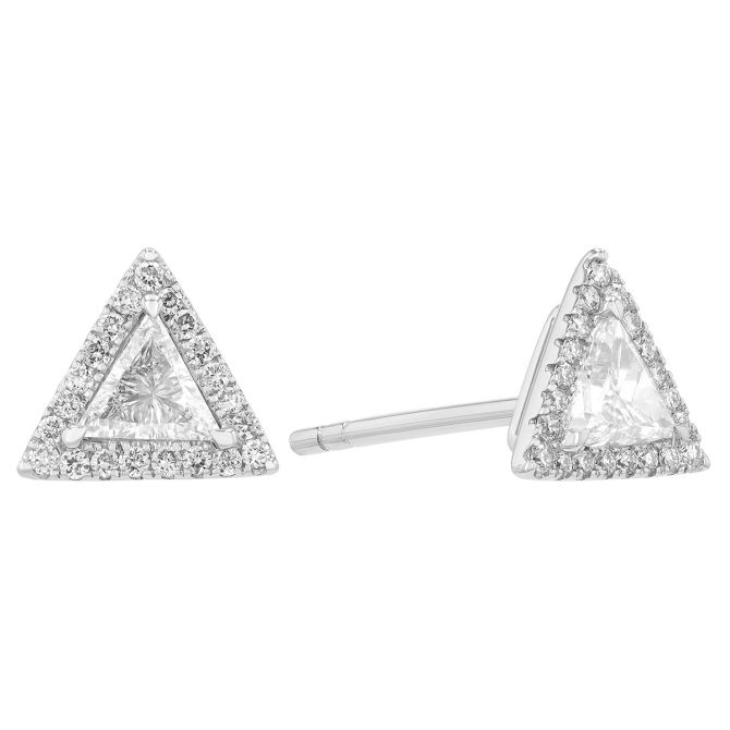 Trillion Diamond & Halo Triangle Stud Earrings in White Gold