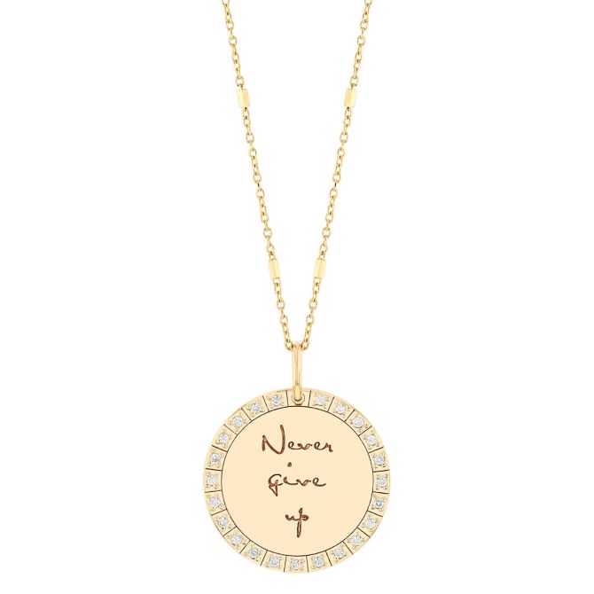 Zoe Chicco Diamond "Never Give Up" Circle Pendant in Yellow Gold, 18"