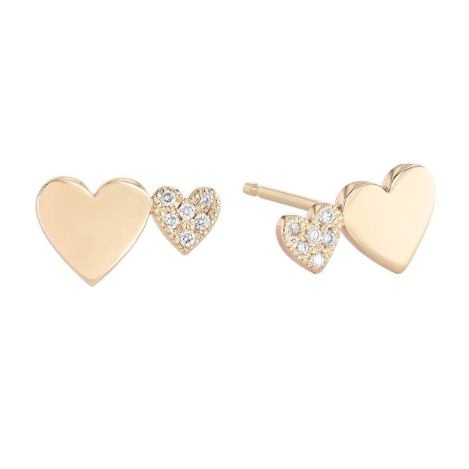 Zoe Chicco Midi & Itty Bitty Pave Diamond Heart Stud Earrings in Yellow Gold