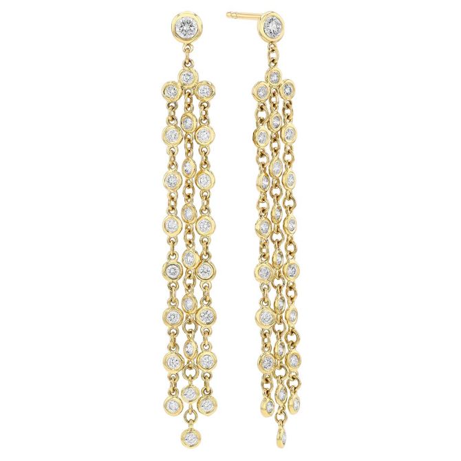 Round Diamond Station Triple Column Dangle Earrings in Yellow Gold