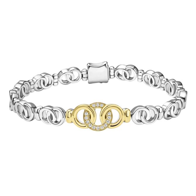 Lagos Signature Caviar Two-Tone Petite Interlocking Diamond Link Bracelet, Medium