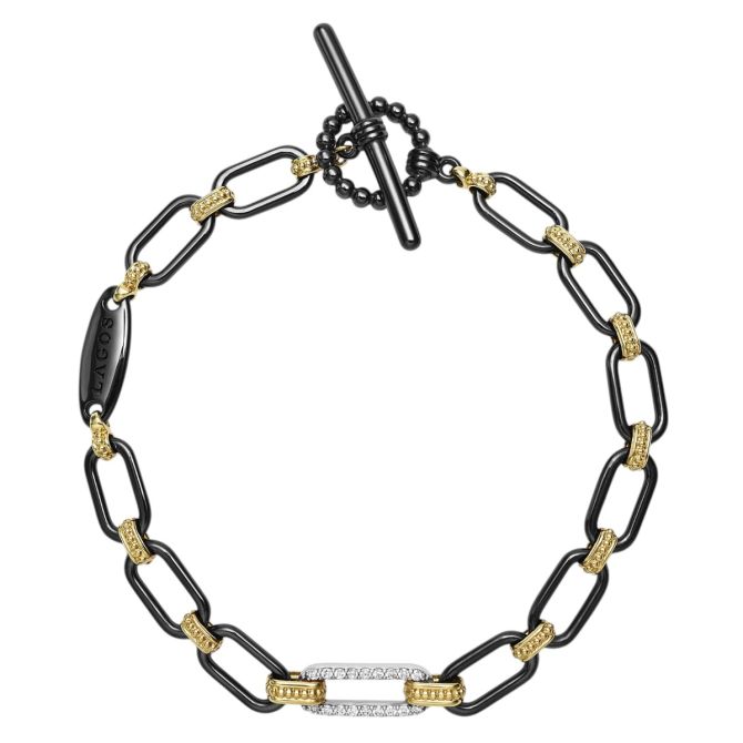 Lagos Signature Caviar 18K Gold and Black Ceramic Diamond 6mm Station Link Bracelet, Medium