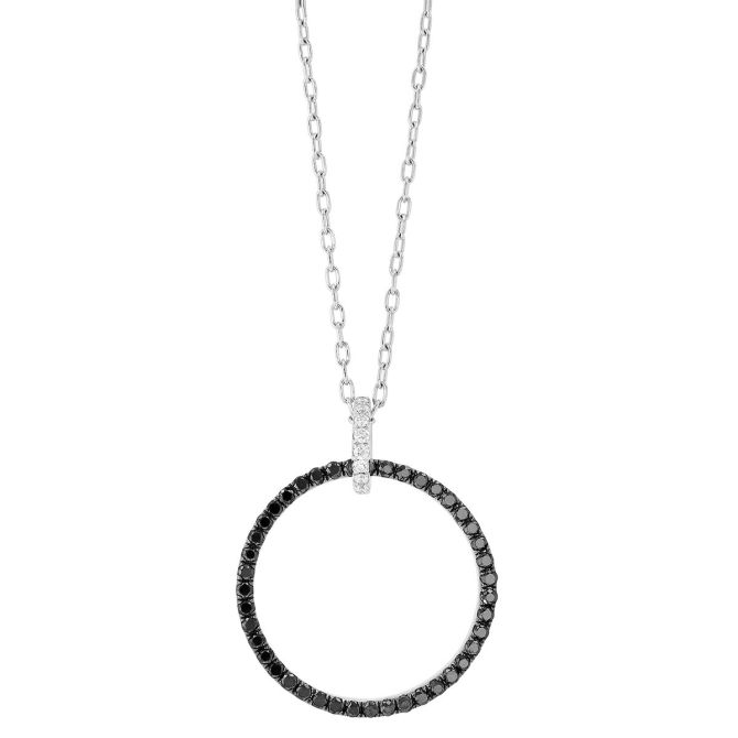 Black Diamond Open Circle Pendant in White Gold & Black Rhodium