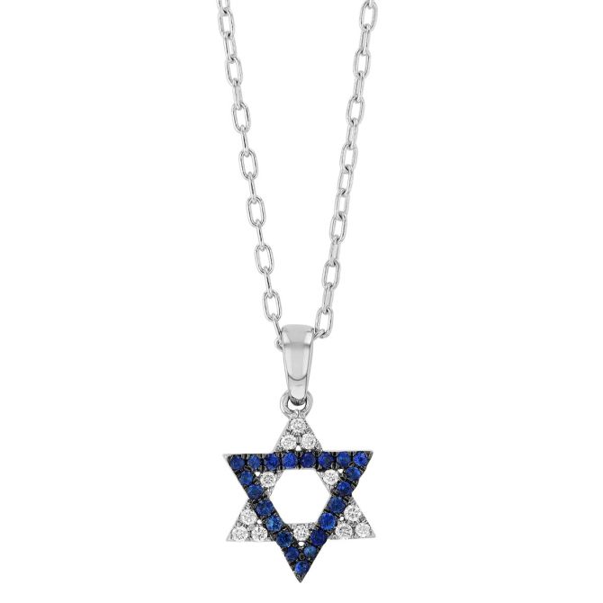 Sapphire & Diamond Star of David Pendant in White Gold & Black Rhodium