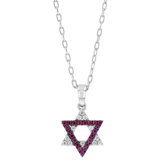 Ruby & Diamond Star of David Pendant in White Gold & Black Rhodium