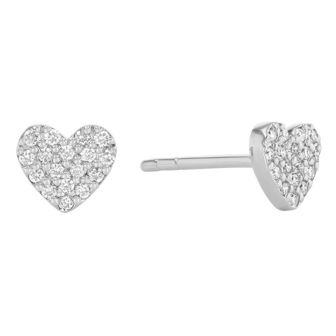 Diamond Pave Dainty Heart Stud Earrings in White Gold