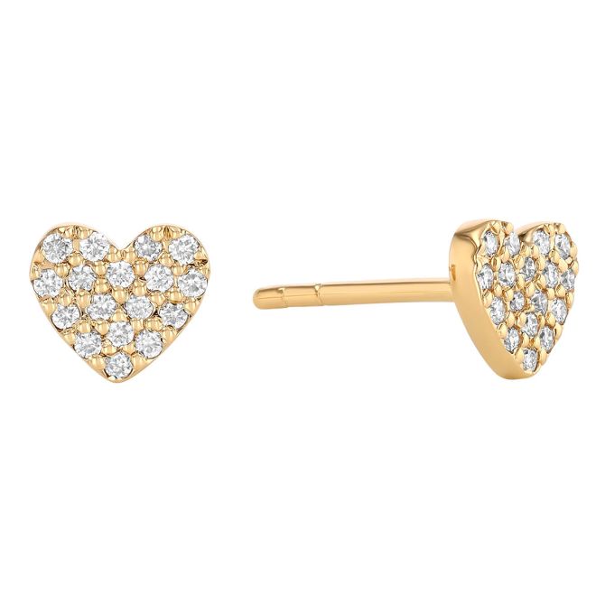 Diamond Pave Dainty Heart Stud Earrings in Yellow Gold