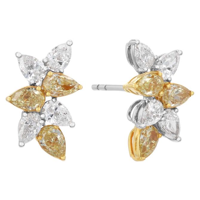 Yellow & White Pear Diamond Sunshine Post Earrings in Yellow & White Gold