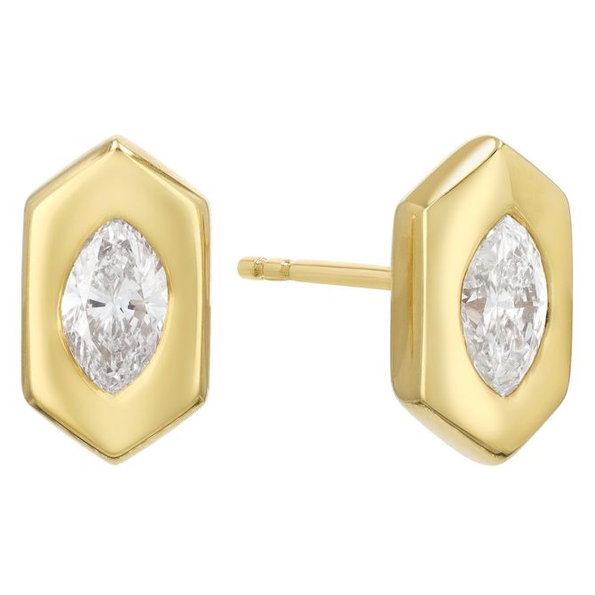 Yellow Gold Hexagon Stud Earrings with Flush Set Marquise Diamonds