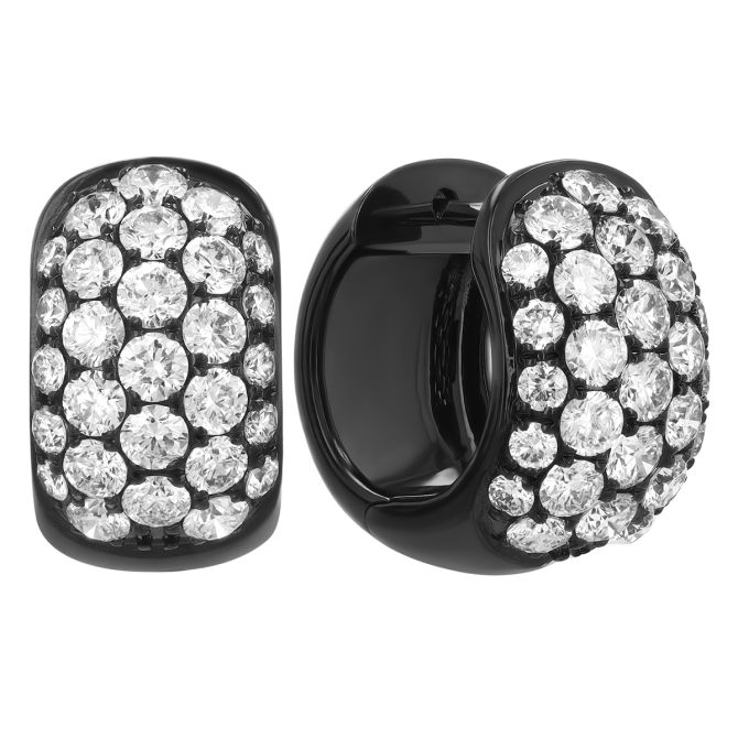 Diamond Pave Chubby Huggie Hoop Earrings in Black Rhodium Plated White Gold