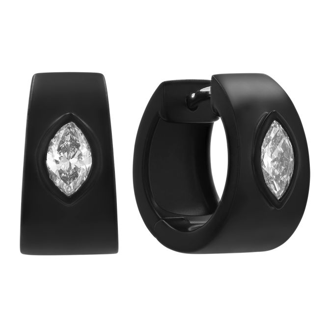 Satin Black Rhodium Huggie Hoop Earrings with Marquise Diamonds