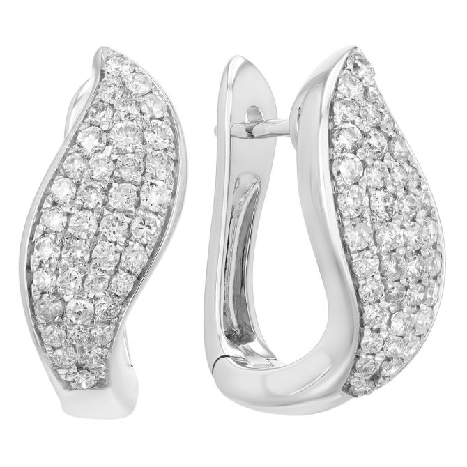 Diamond Pave Leaf Leverback Huggie Earrings in White Gold