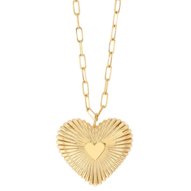 Yellow Gold Fluted Heart Pendant with Rectangle Link Chain, 22"