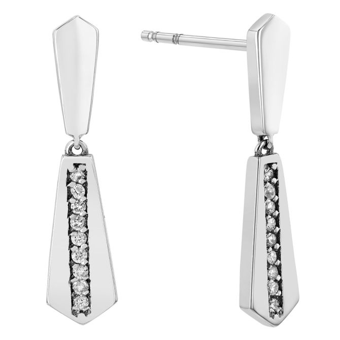 White Gold Double Drop Post Earrings with Diamond Channels