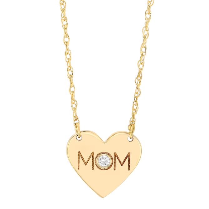 Mom Heart Necklace in Yellow Gold with Bezel Set Diamond, 18"