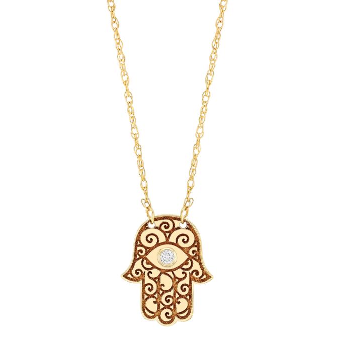 Hamsa Scrollwork Necklace in Yellow Gold with Bezel Set Diamond, 18"