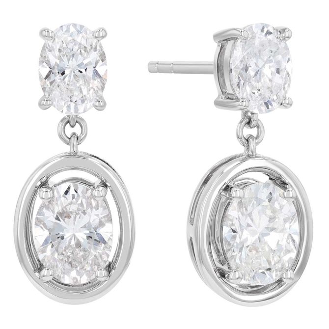 Oval Diamond & White Gold Frame Double Drop Earrings in White Gold