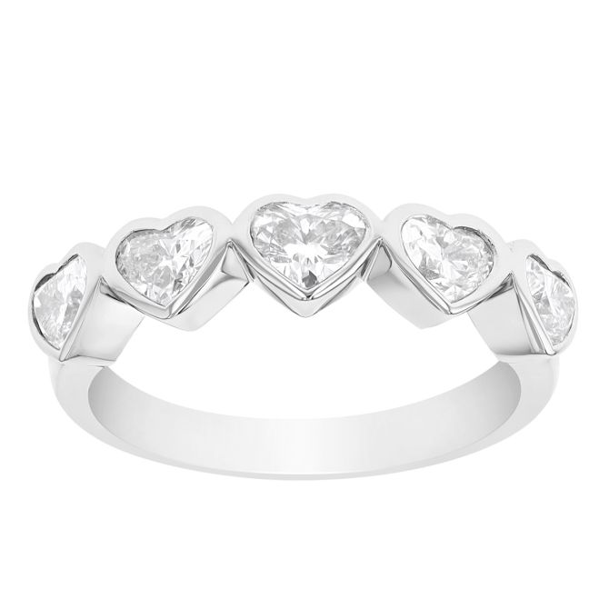 Heart Shaped Diammond 5 Stone Bezel Ring in White Gold