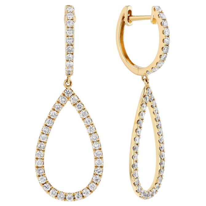 Diamond Open Teardrop Dangle Huggie Earrings in Yellow Gold