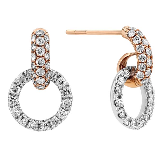 Diamond Pave Open Circle Small Drop Earrings in Rose & White Gold