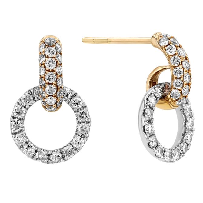 Diamond Pave Open Circle Small Drop Earrings in Yellow & White Gold