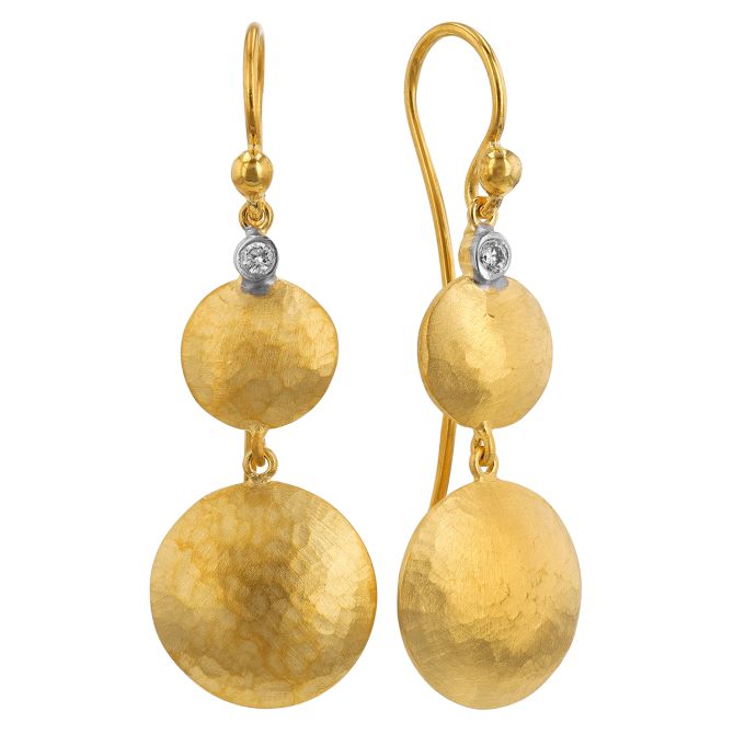 Marika Yellow Gold Double Disc Dangle Earrings with Bezel Set Diamonds