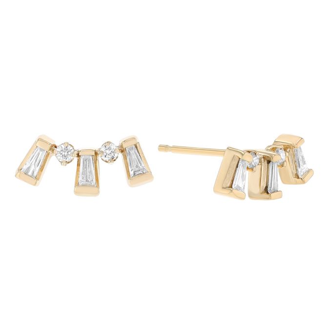 Zoe Chicco Tapered Baguette & Round Diamond Post Earrings in Yellow Gold