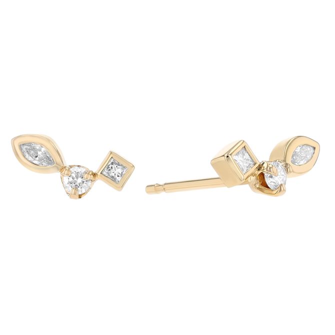 Zoe Chicco Diamond Trio Multi Shape Prong & Bezel Stud Earrings in Yellow Gold