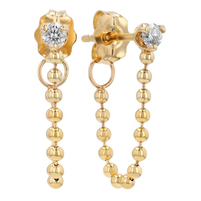 Zoe Chicco Diamond Stud Ball Chain Huggie Earrings in Yellow Gold