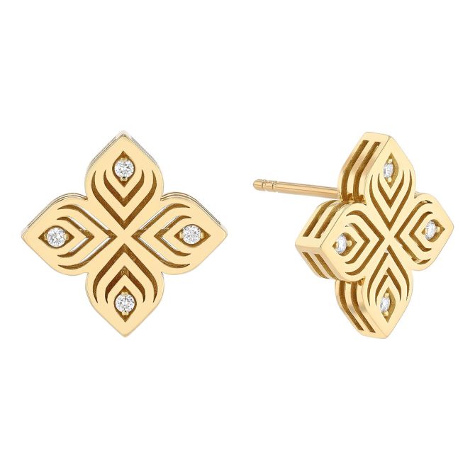 Roberto Coin Arabesque Diamond Floral Stud Earrings in Yellow Gold