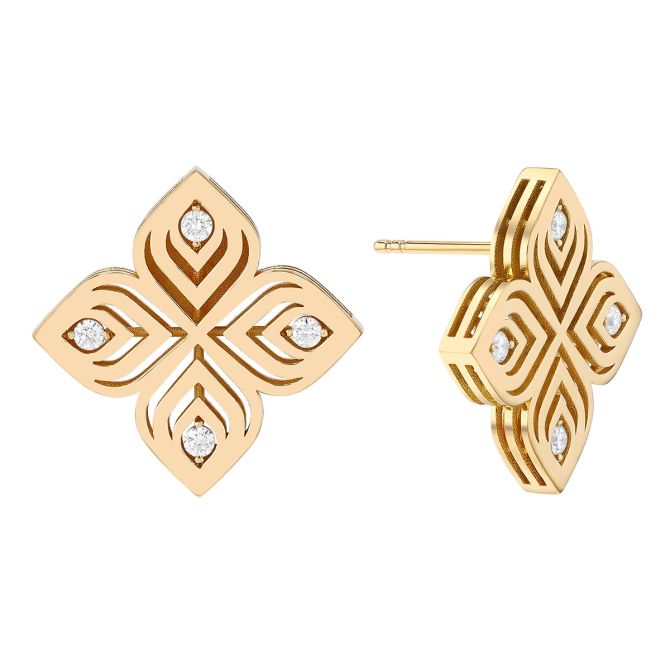 Roberto Coin Arabesque Large Diamond Flower Stud Earrings in Yellow Gold