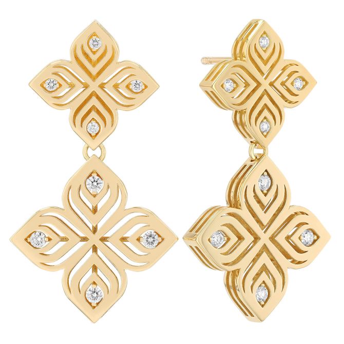 Roberto Coin Arabesque Yellow Gold Diamond Flower Double Drop Earrings