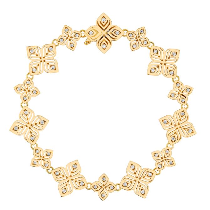 Roberto Coin Arabesque Diamond Flower Alternating Bracelet in Yellow Gold 7"