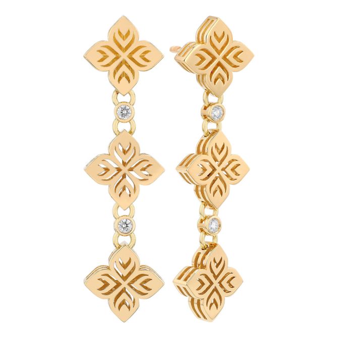 Roberto Coin Arabesque Yellow Gold Diamond Flower Triple Drop Earrings