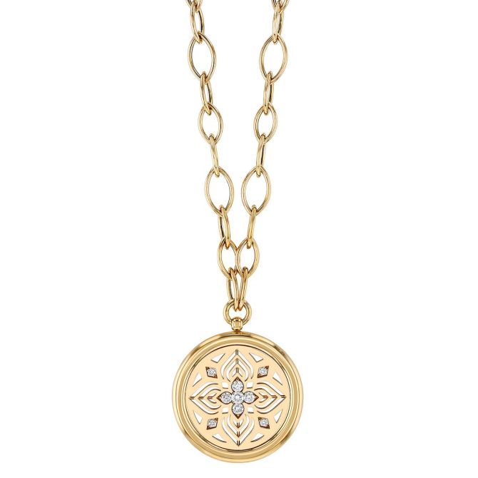 Roberto Coin Arabesque Medallion Diamond Flower Pendant in Yellow Gold, 17"