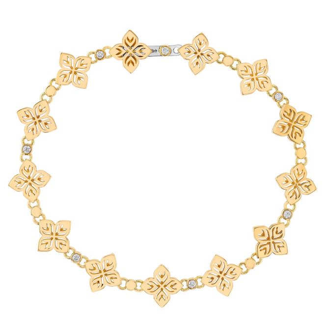 Roberto Coin Arabesque Diamond Bezel & Flower Bracelet in Yellow Gold 7"