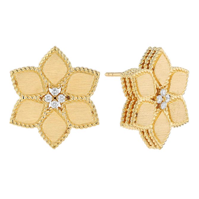 Roberto Coin Vernazza Diamond Flower Post Earrings in Satin Yellow Gold