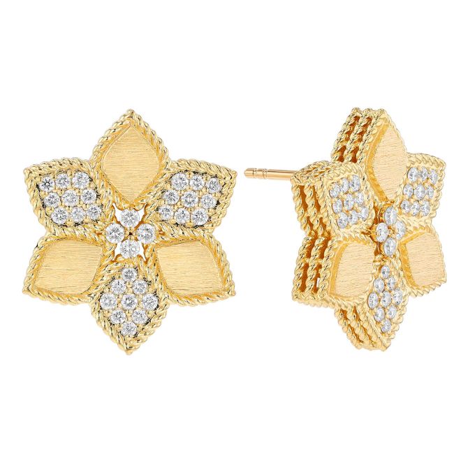 Roberto Coin Vernazza Diamond Pave Flower Post Earrings in Satin Yellow Gold