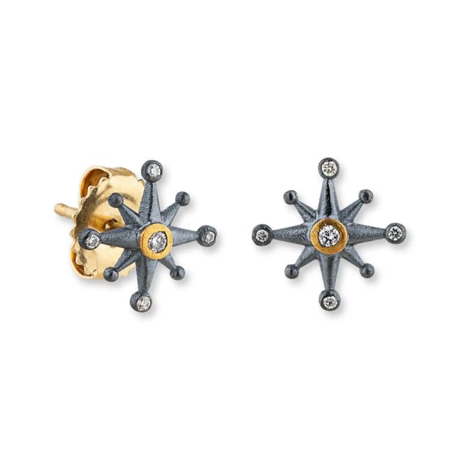 Lika Behar Starburst Diamond Stud Earrings in Yellow Gold & Oxidized Silver