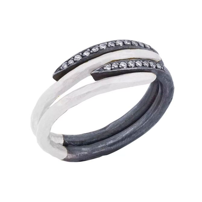 Lika Behar Zebra Diamond Ring Hammered Sterling Silver & Black Rhodium