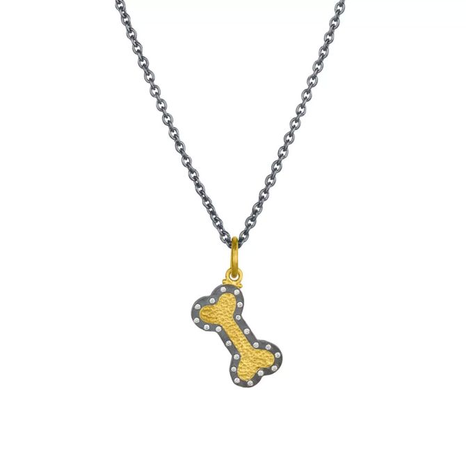 Lika Behar Chase Diamond Dog Bone Pendant in Yellow Gold & Oxidized Silver, 18"