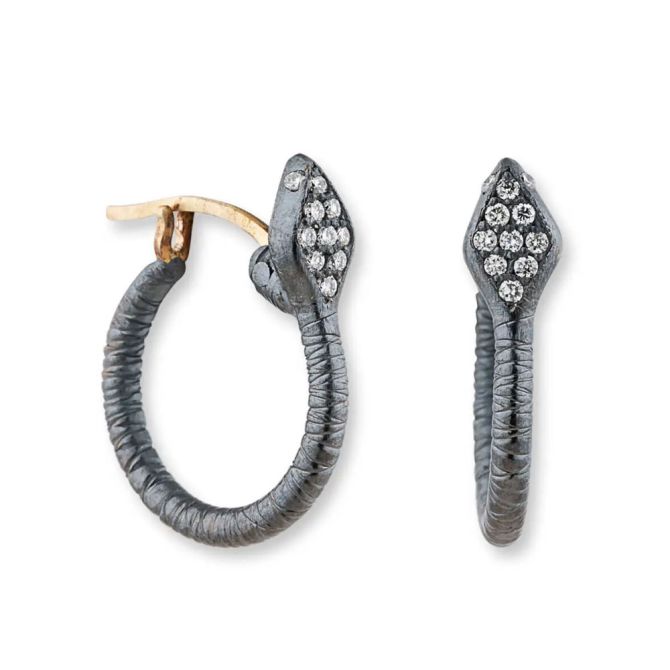 Lika Behar Diamond Snake Hoop Earrings in Oxidized Silver & Yellow Gold