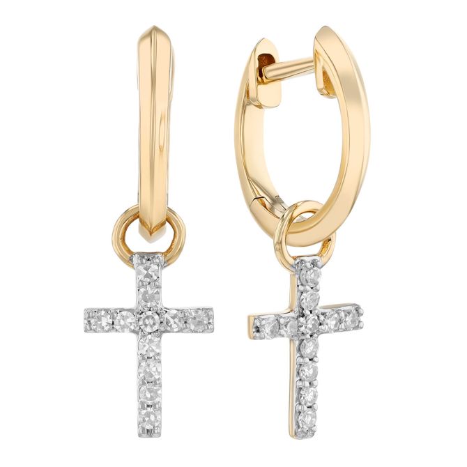 Phillips House Micro Diamond Cross Dangle Huggie Earrings in Yellow Gold