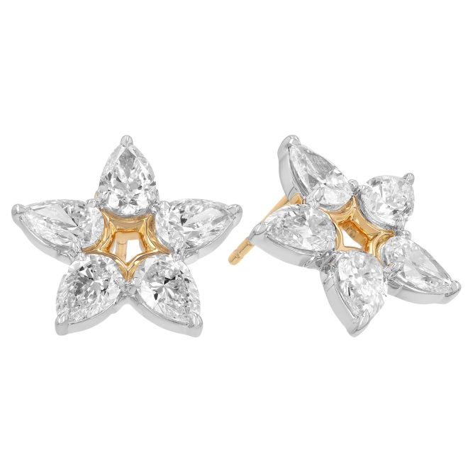 Phillips House Pear Diamond Flower Stud Earrings in Yellow Gold & Platinum