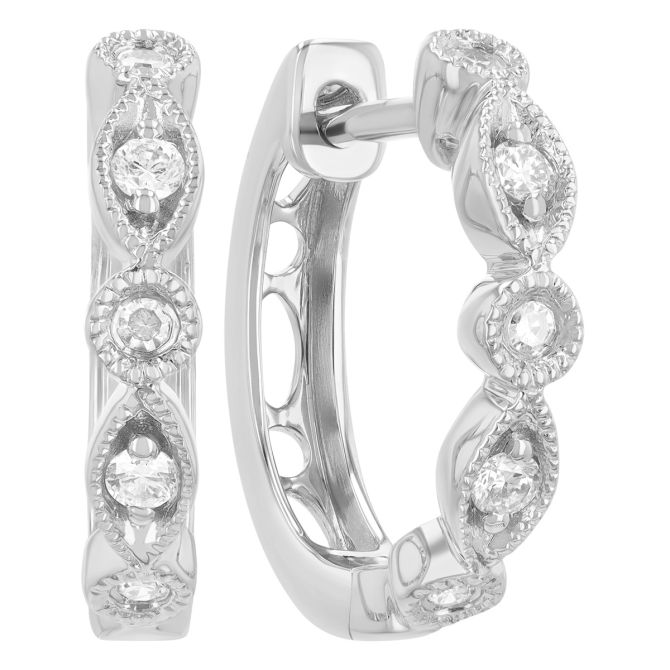 Diamond Marquise Shaped & Bezel Set Milgrain Hoop Earrings in White Gold