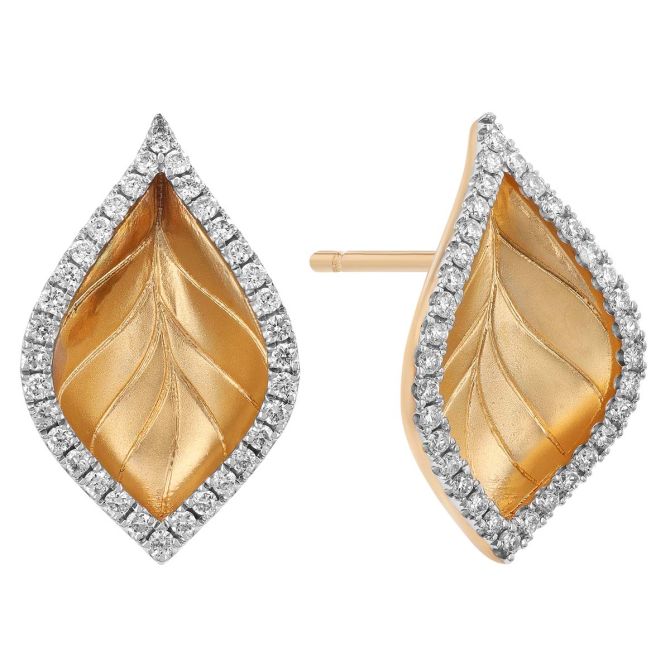 Yellow Gold Leaf Stud Earrings with Diamond Edges